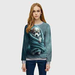 Свитшот женский Милый щенок в одеяле, цвет: 3D-меланж — фото 2