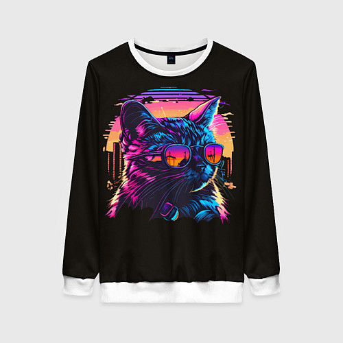Женский свитшот Кот в неоновом закате / 3D-Белый – фото 1