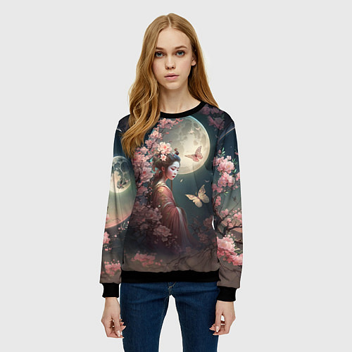 Женский свитшот Девушка в сакуре под луной / 3D-Черный – фото 3