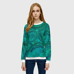 Свитшот женский Абстракция, сине-зеленая текстура малахита, цвет: 3D-белый — фото 2