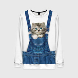 Свитшот женский Котенок в кармане комбинезона, цвет: 3D-белый