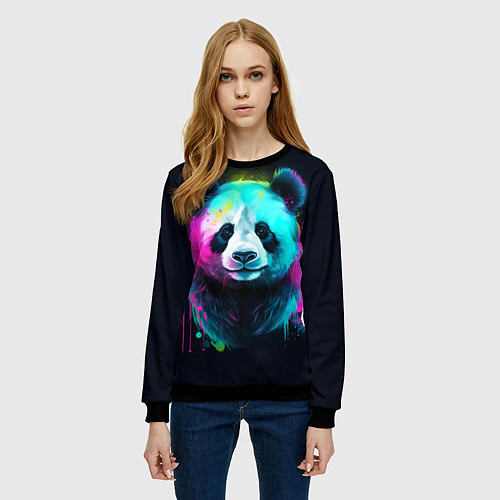 Женский свитшот Панда в неоновых красках / 3D-Черный – фото 3