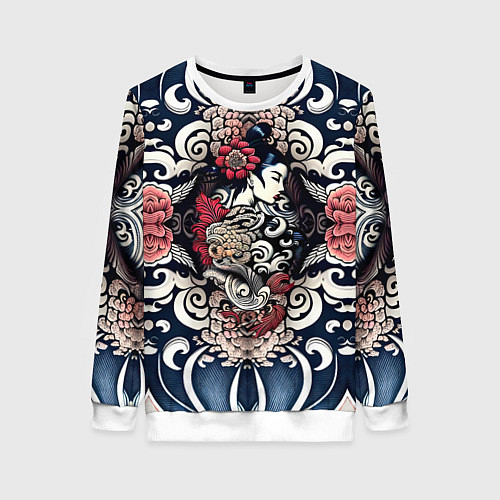 Женский свитшот Irezumi style: девушка и синие узоры / 3D-Белый – фото 1