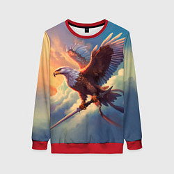 Свитшот женский Орел с мечом в облаках на закате, цвет: 3D-красный