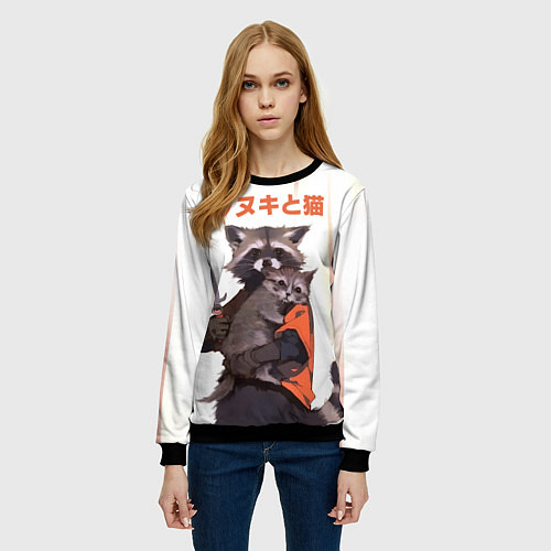 Женский свитшот Аниме Енот и Кот / 3D-Черный – фото 3