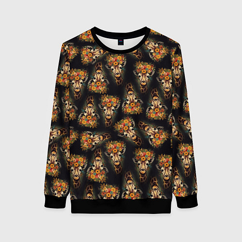 Женский свитшот Паттерн жираф с цветами: арт нейросети / 3D-Черный – фото 1
