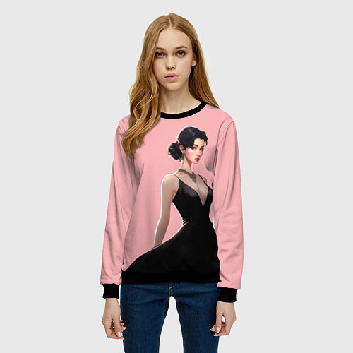 Женский свитшот Girl in black dress - pink / 3D-Черный – фото 3