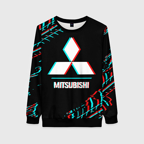 Женский свитшот Значок Mitsubishi в стиле glitch на темном фоне / 3D-Черный – фото 1