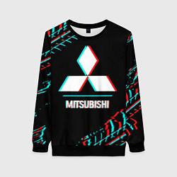 Свитшот женский Значок Mitsubishi в стиле glitch на темном фоне, цвет: 3D-черный