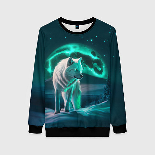 Женский свитшот Белый волк в зимнем лесу / 3D-Черный – фото 1
