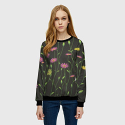 Свитшот женский Полевые цветочки на темном фоне, цвет: 3D-черный — фото 2