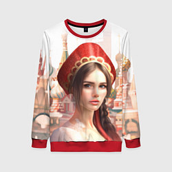 Свитшот женский Девушка в кокошнике с косой - кремль, цвет: 3D-красный
