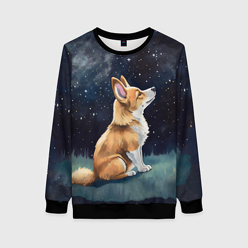 Женский свитшот Корги и звездное небо - акварель / 3D-Черный – фото 1