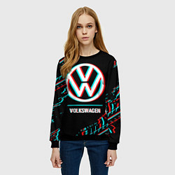 Свитшот женский Значок Volkswagen в стиле glitch на темном фоне, цвет: 3D-черный — фото 2