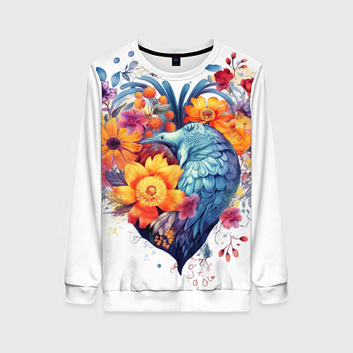 Женский свитшот Цветочное сердце с птицами / 3D-Белый – фото 1