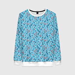 Женский свитшот Листья и ягоды на голубом, паттерн