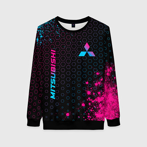 Женский свитшот Mitsubishi - neon gradient: надпись, символ / 3D-Черный – фото 1