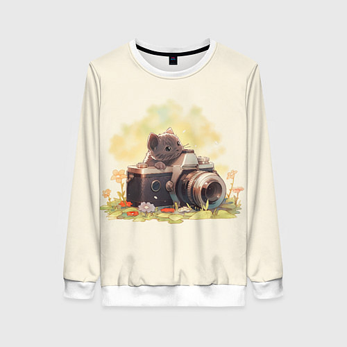 Женский свитшот Серый котенок с фотоаппаратом / 3D-Белый – фото 1