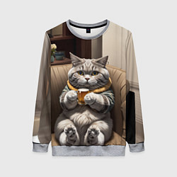 Свитшот женский Кот сидит на диване с напитком, цвет: 3D-меланж