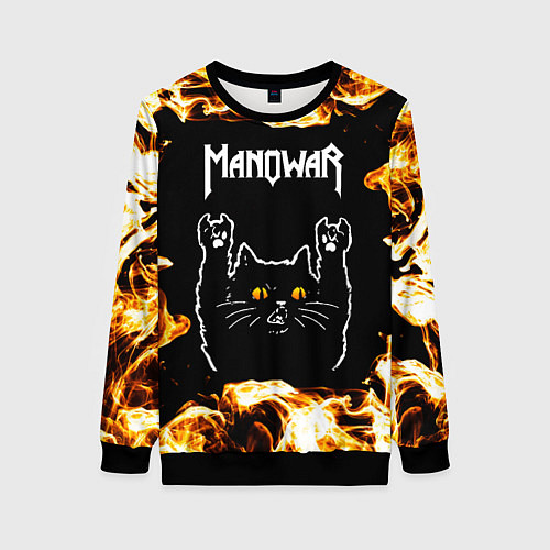 Женский свитшот Manowar рок кот и огонь / 3D-Черный – фото 1
