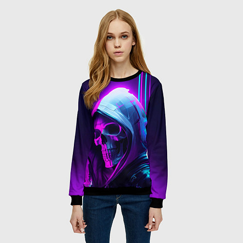 Женский свитшот Череп в неоновом свете / 3D-Черный – фото 3