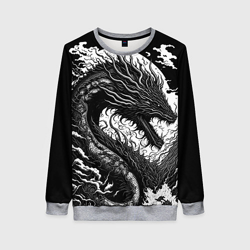 Женский свитшот Черно-белый дракон и волны / 3D-Меланж – фото 1