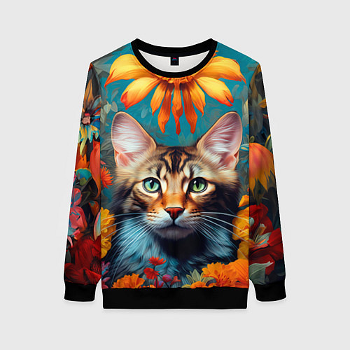 Женский свитшот Дикая кошка в цветах / 3D-Черный – фото 1