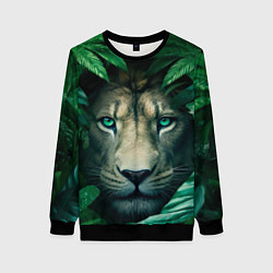 Женский свитшот Лев выглядывает из листьев - крупная морда головы