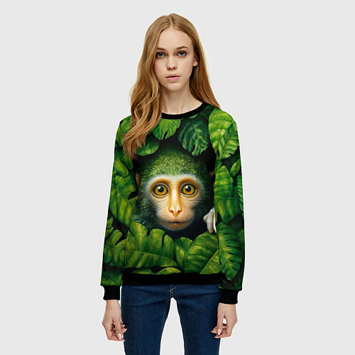 Женский свитшот Маленькая обезьянка в листьях / 3D-Черный – фото 3