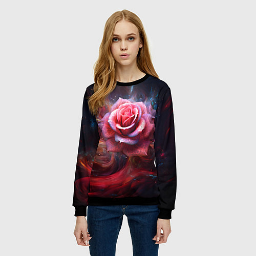 Женский свитшот Алая космическая роза - Нейросеть / 3D-Черный – фото 3