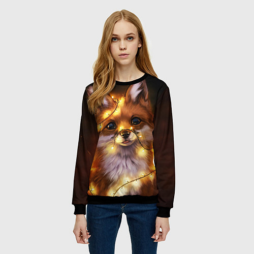 Женский свитшот Лисенок в гирлянде / 3D-Черный – фото 3