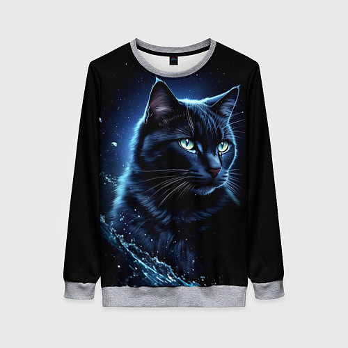 Женский свитшот Черный кот - брызги воды / 3D-Меланж – фото 1