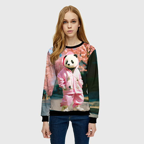 Женский свитшот Милая панда в пуховике / 3D-Черный – фото 3