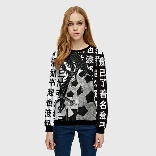 Женский свитшот Кокушибо и иероглифы - Клинок демонов / 3D-Черный – фото 3