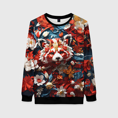 Женский свитшот Красная панда в цветах / 3D-Черный – фото 1
