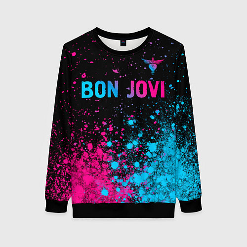 Женский свитшот Bon Jovi - neon gradient: символ сверху / 3D-Черный – фото 1