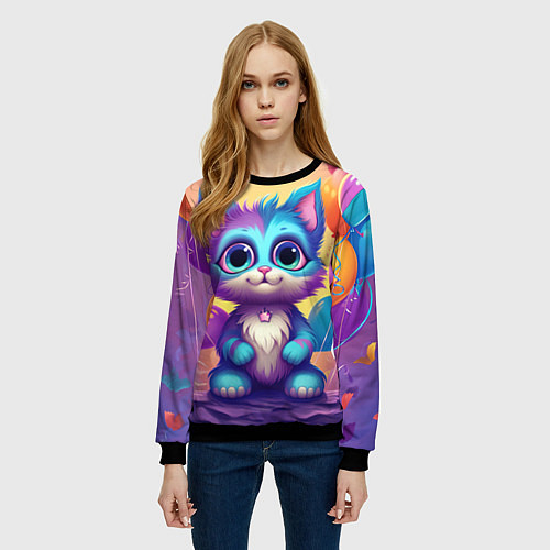 Женский свитшот Котик с воздушными шариками / 3D-Черный – фото 3