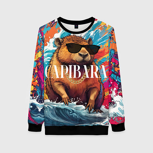 Женский свитшот Капибара в очках на красочных волнах / 3D-Черный – фото 1