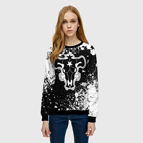 Женский свитшот Черный клевер - брызги и бык / 3D-Черный – фото 3