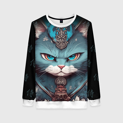 Женский свитшот Кот самурай сердитый / 3D-Белый – фото 1