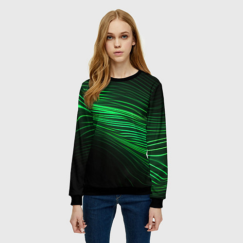 Женский свитшот Green neon lines / 3D-Черный – фото 3