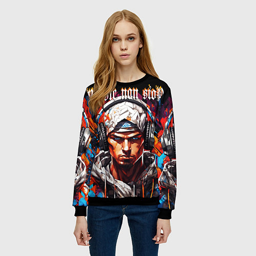 Женский свитшот Граффити парень в наушниках music non stop / 3D-Черный – фото 3