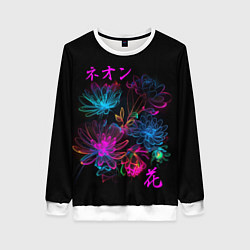 Свитшот женский Неоновые цветы - японский стиль, цвет: 3D-белый