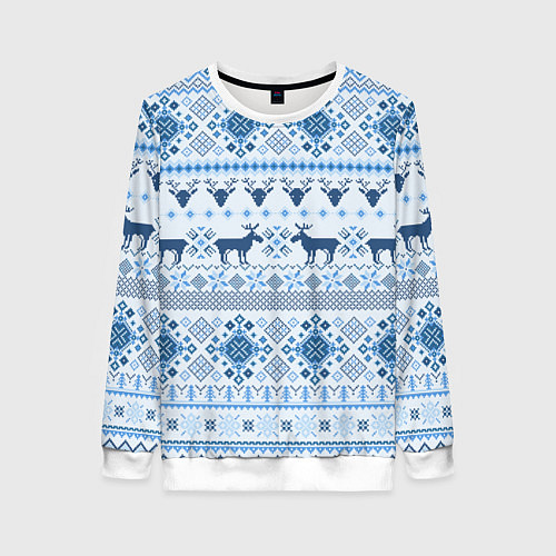 Женский свитшот Blue sweater with reindeer / 3D-Белый – фото 1