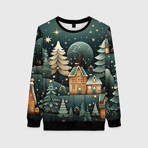 Женский свитшот Снежная деревня в праздничном наряде / 3D-Черный – фото 1