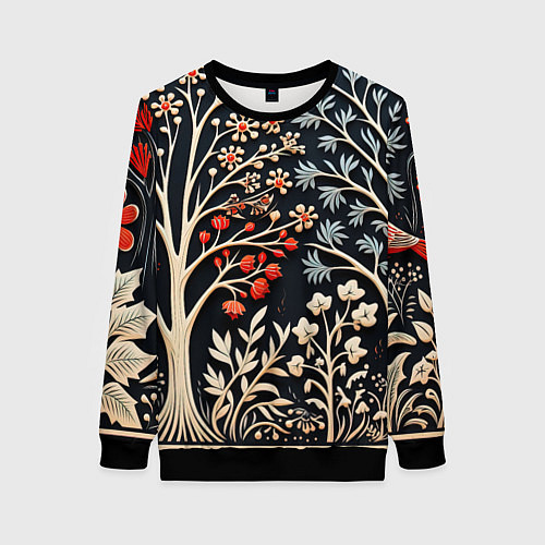 Женский свитшот Новогодние узоры и деревья / 3D-Черный – фото 1