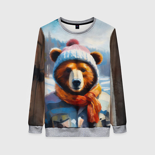 Женский свитшот Бурый медведь в зимней одежде / 3D-Меланж – фото 1