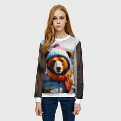 Свитшот женский Бурый медведь в зимней одежде, цвет: 3D-белый — фото 2