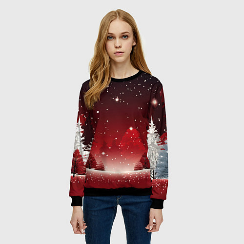 Женский свитшот Зимний берег реки с деревьями и льдом / 3D-Черный – фото 3