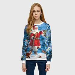 Свитшот женский Дед Мороз в лесу с животными, цвет: 3D-белый — фото 2